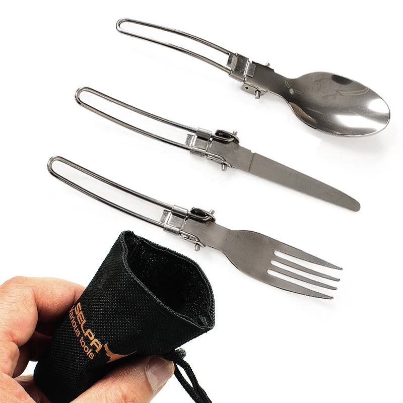 Camping 3 Piece Folding Utensil Kit With Pouch Bag	