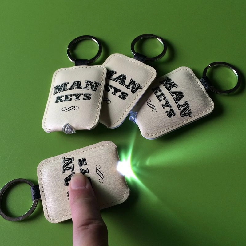 PU leather key light Rectangle Leather LED Keychain	